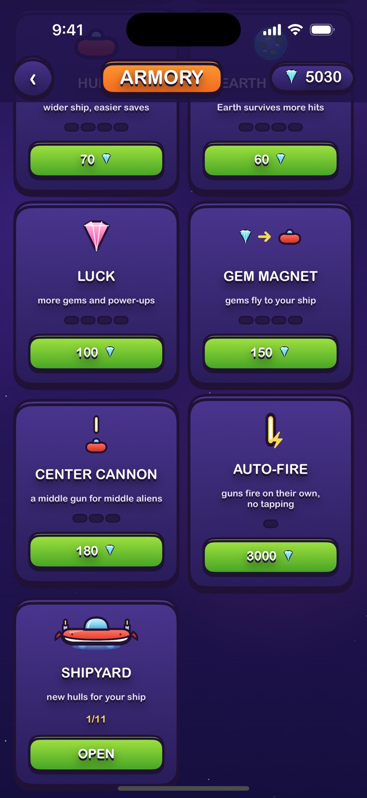 The Armory upgrade tracks, each priced in gems that are earned by playing