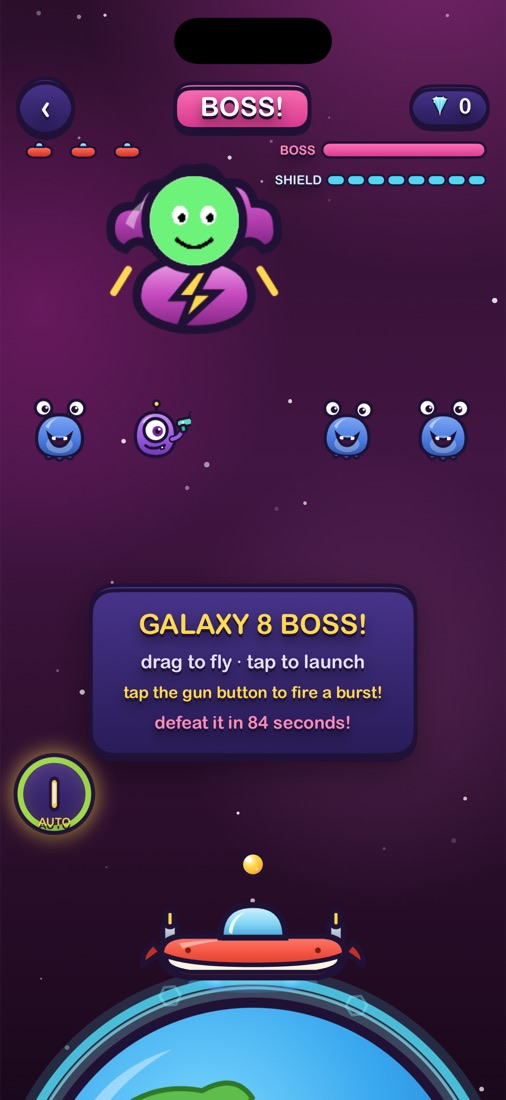 A galaxy boss wearing a picked face, with its health and shield bars draining