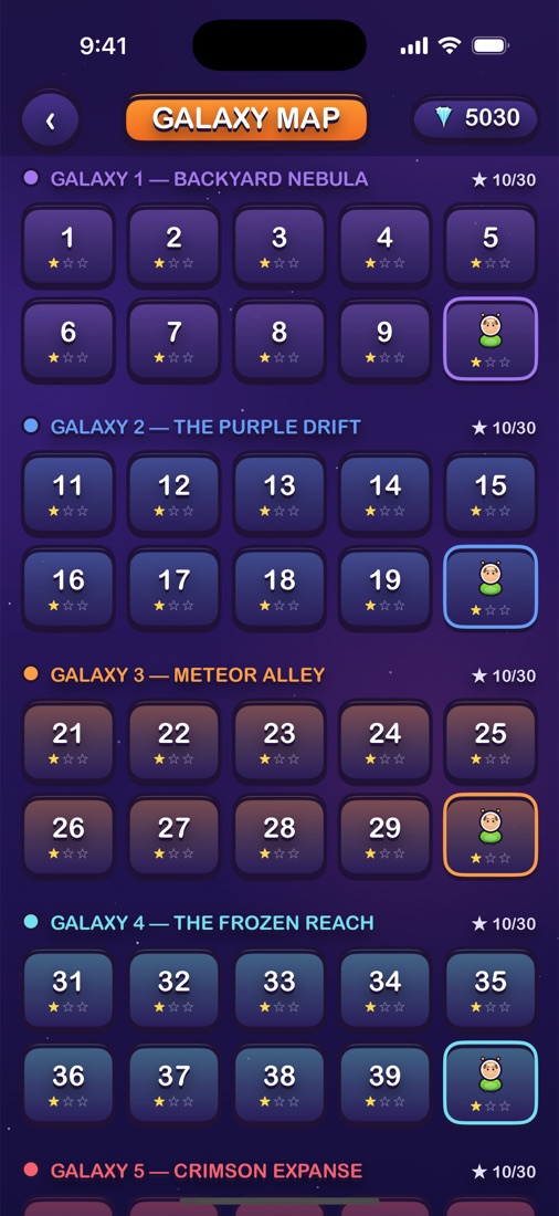 The galaxy map, with cleared levels marked by earned stars