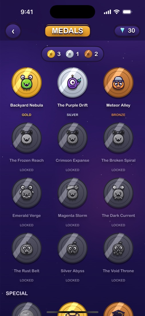 The medals room, showing galaxy medals earned from star ratings