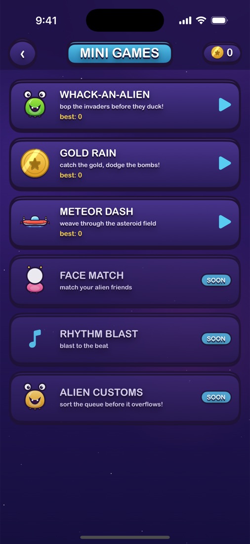 The mini games hub, listing Whack-an-Alien, Gold Rain and Meteor Dash