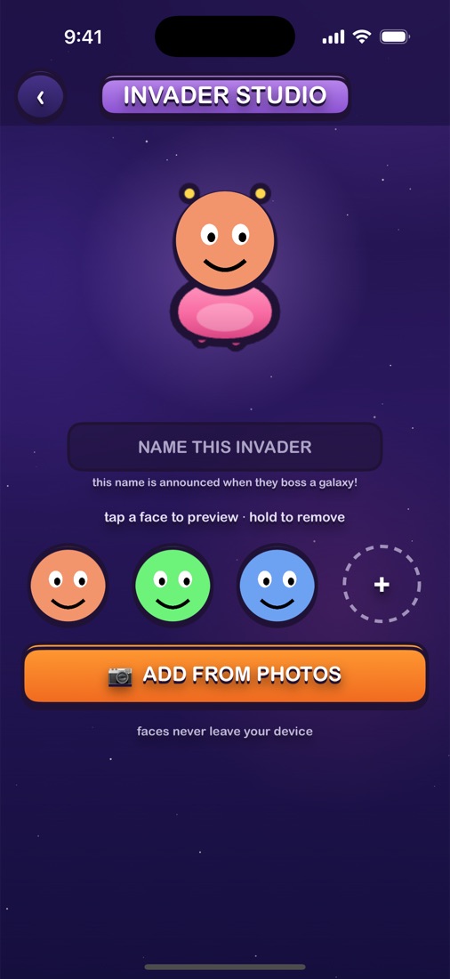 The Invader Studio: an alien wearing a picked face, with a row of picked faces below it